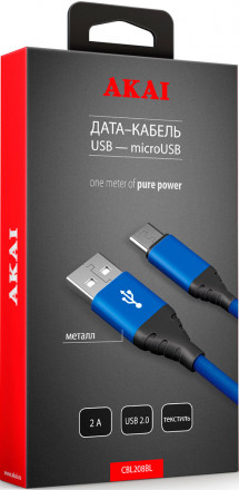 Дата-кабель Akai CBL208 USB-microUSB Blue